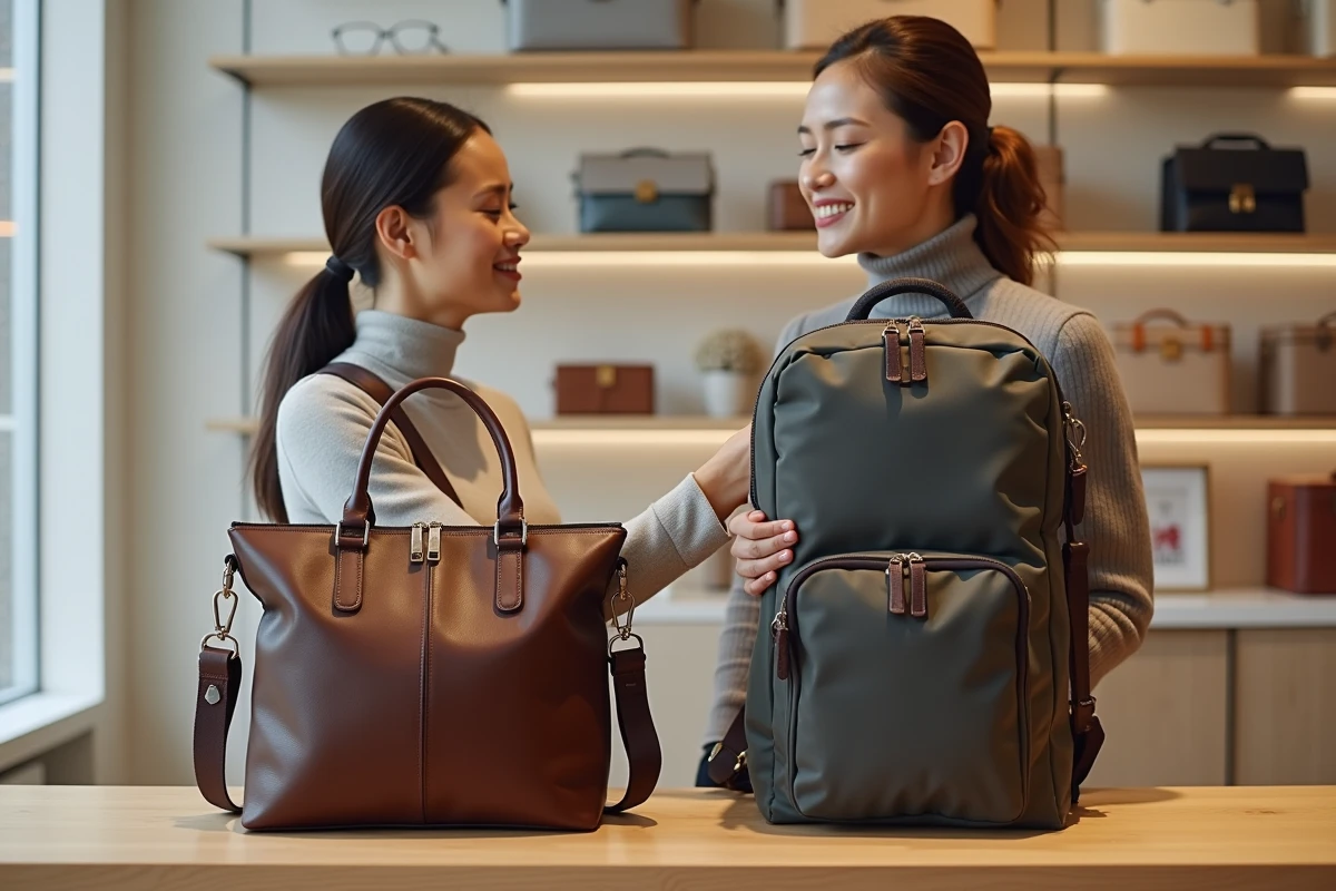 Femme comparant deux sacs à main de voyage dans une boutique de maroquinerie