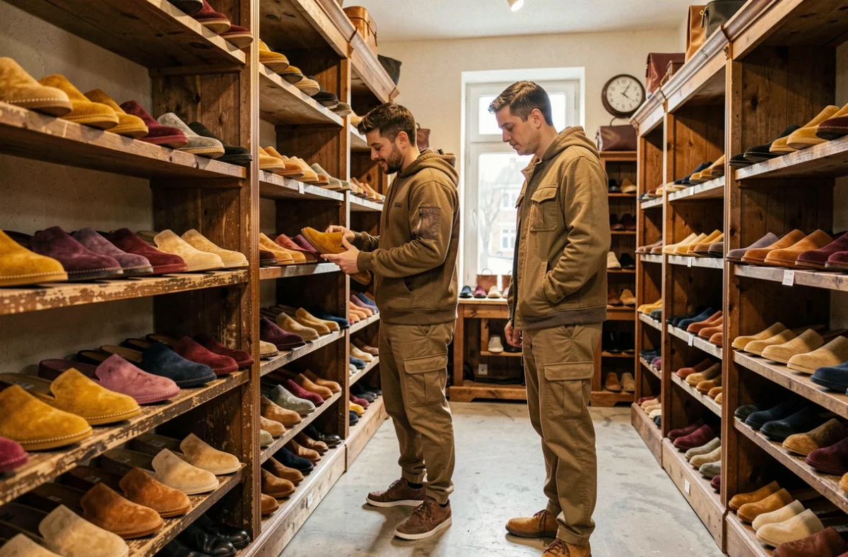 Deux hommes choisissent des babouches artisanales colorées dans une boutique de maroquinerie traditionnelle