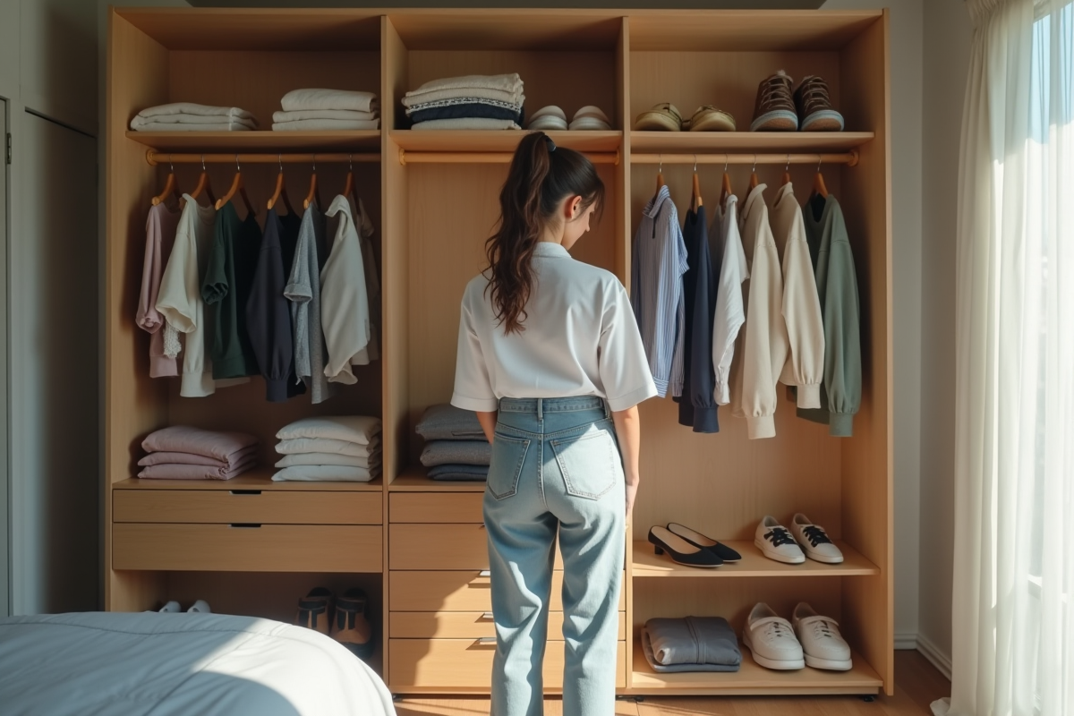 Personne choisissant une tenue dans un placard organisé en lumière naturelle