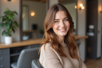 Femme souriante avec nouvelle coupe de cheveux en salon