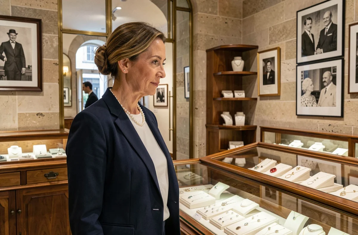 Femme distinguée admirant un collier de perles blanches dans une boutique de joaillerie parisienne alliant patrimoine et modernité