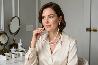 Femme élégante portant un collier de perles blanches dans un intérieur mêlant décor classique et modernité épurée