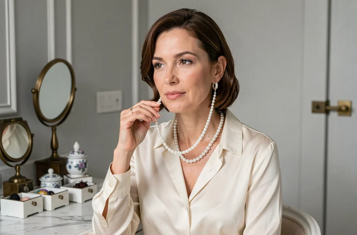 Femme élégante portant un collier de perles blanches dans un intérieur mêlant décor classique et modernité épurée