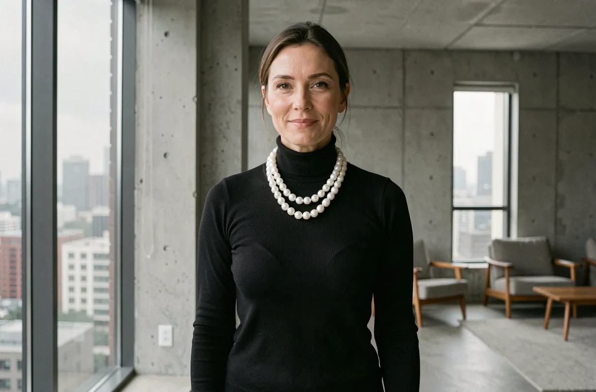 Femme moderne portant un collier multi-rangs de perles blanches sur un col roulé noir dans un appartement urbain contemporain