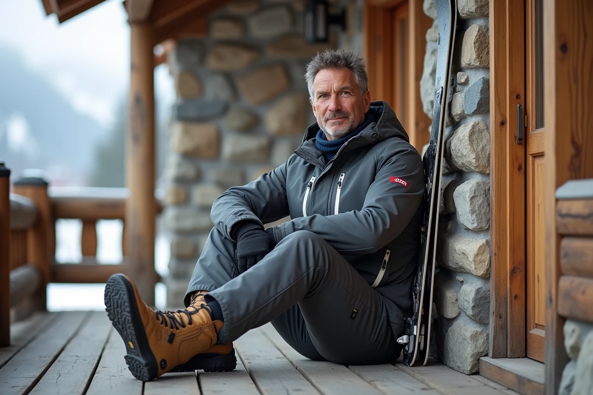 Homme en combinaison de ski haut de gamme gris anthracite assis sur la terrasse d'un chalet alpin en bois, illustrant le luxe et le style des grandes marques de ski