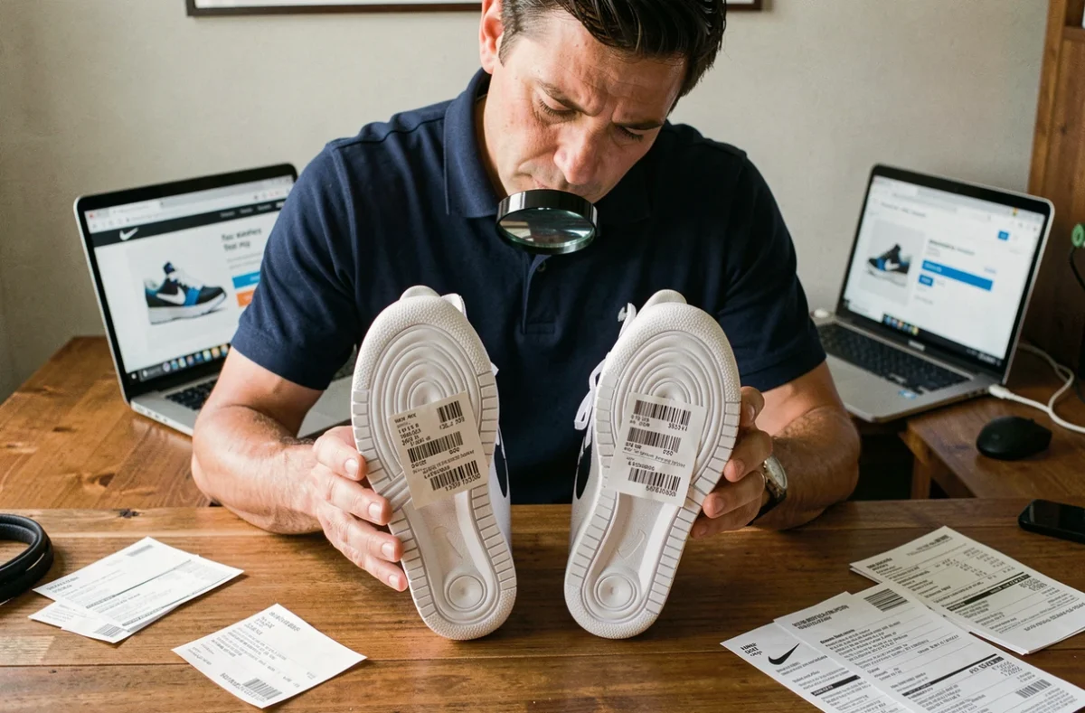 Homme comparant deux codes UPC Nike sur des chaussures pour détecter les contrefaçons à domicile