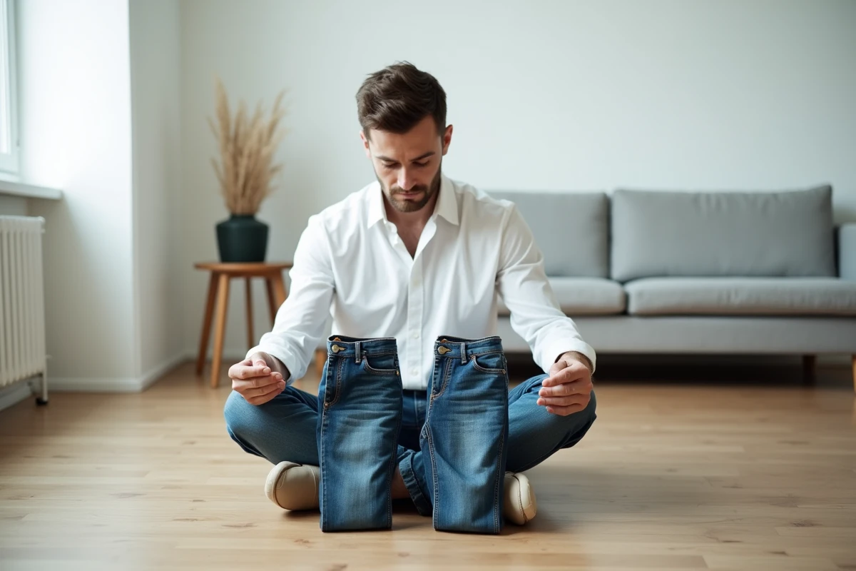 Homme comparant deux jeans de tailles différentes après un traitement de rétrécissement sur un plancher en bois