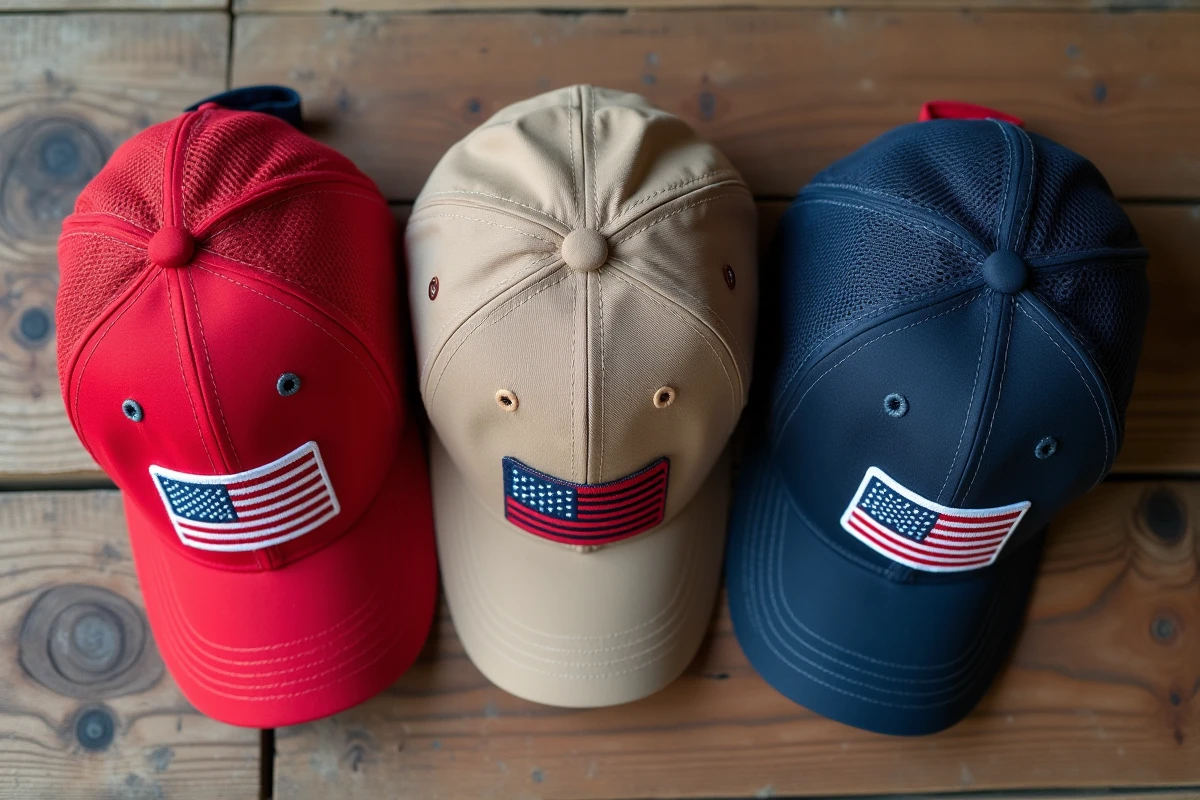 Vue à plat de trois modèles de casquettes style Trump sur bois brut, comparaison des variantes rouge, kaki et marine