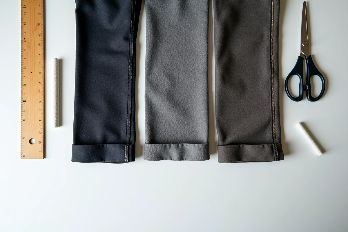 Comparaison de trois qualités d'ourlets pantalon côte à côte sur une table de tailleur