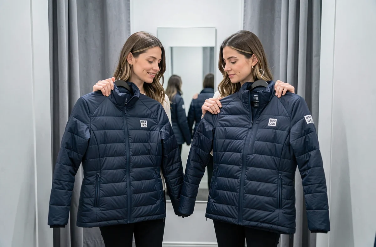 Deux femmes comparant différentes tailles de doudoune Uniqlo dans une cabine d'essayage pour comprendre les variations de coupe selon la morphologie
