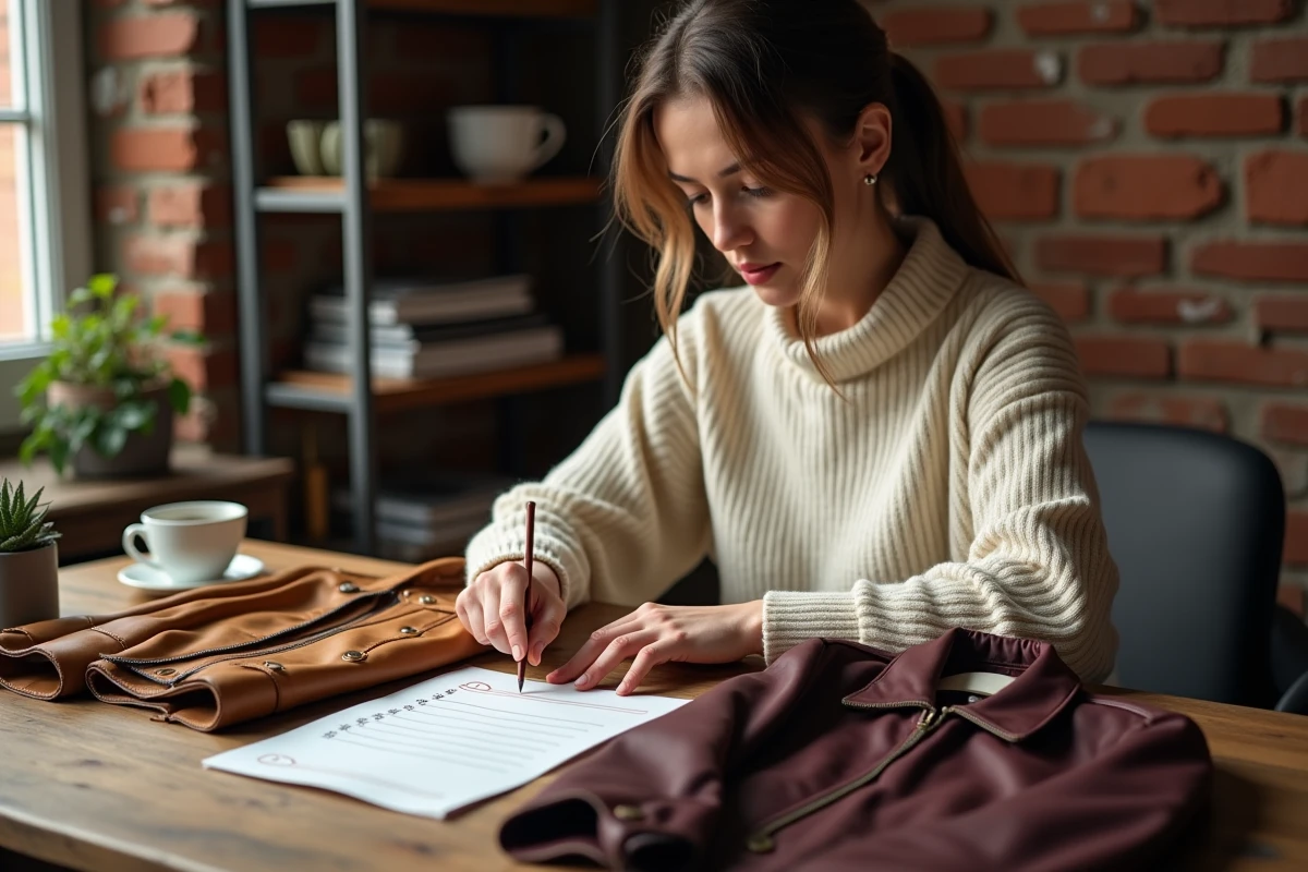 Femme comparant deux vestes en cuir vintage chez elle avec une checklist, guide pour éviter les erreurs d'achat seconde main