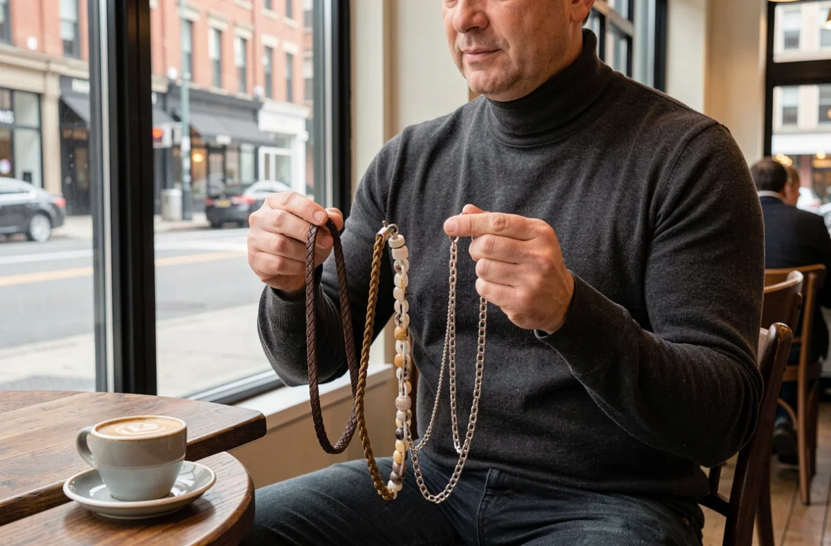 Homme comparant trois types de chaînes pour téléphone portable dans un café urbain