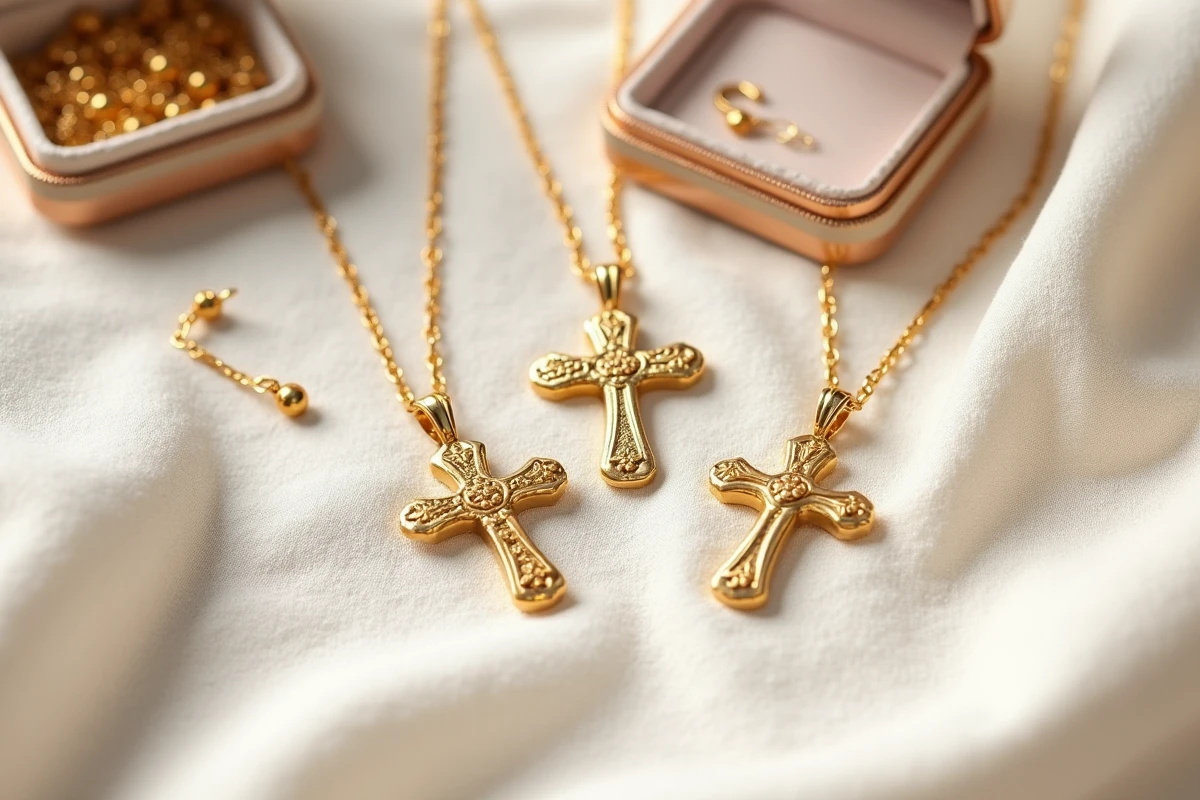 Flat lay de plusieurs croix en or sur tissu lin crème avec boîte à bijoux, comparatif de pendentifs religieux abordables pour adolescents