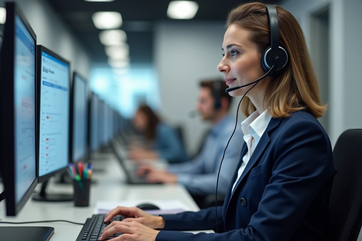 Conseillère du service client portant un casque audio face à un écran de gestion des commandes en ligne
