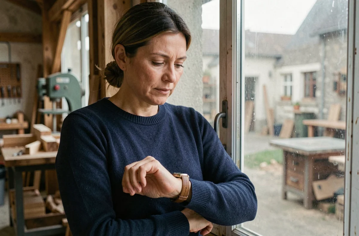 Femme inspectant une montre en bois artisanale dans un atelier de fabrication français