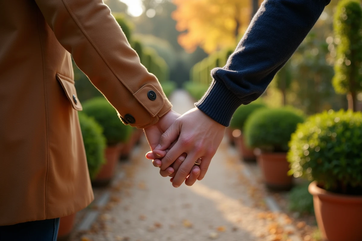 Couple tenant la main avec des bagues coeur magnétiques personnalisées assorties dans un jardin botanique en automne
