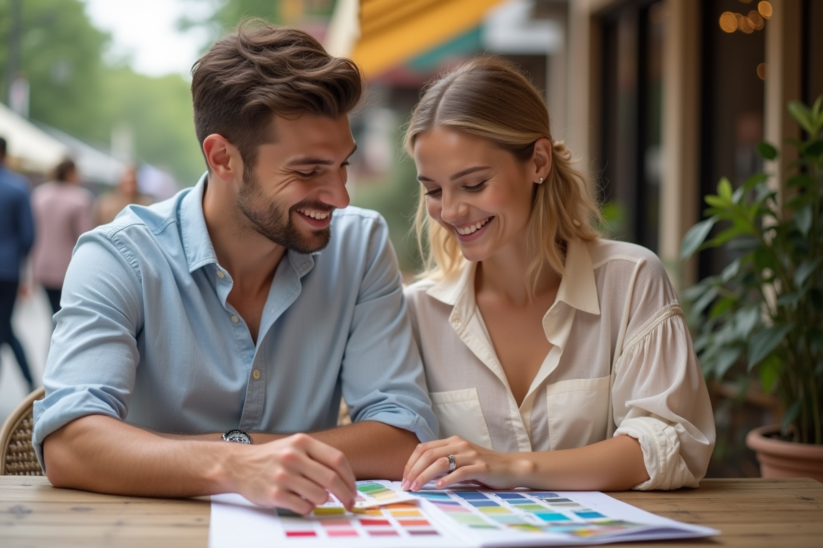 Jeune couple discutant autour d un café avec palette de couleurs