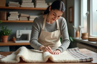 Couturière épinglant une doublure sherpa sur un plaid tissé dans un atelier de couture