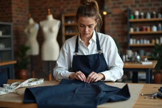 Couturière professionnelle réalisant un ourlet pantalon à la main dans un atelier de tailleur