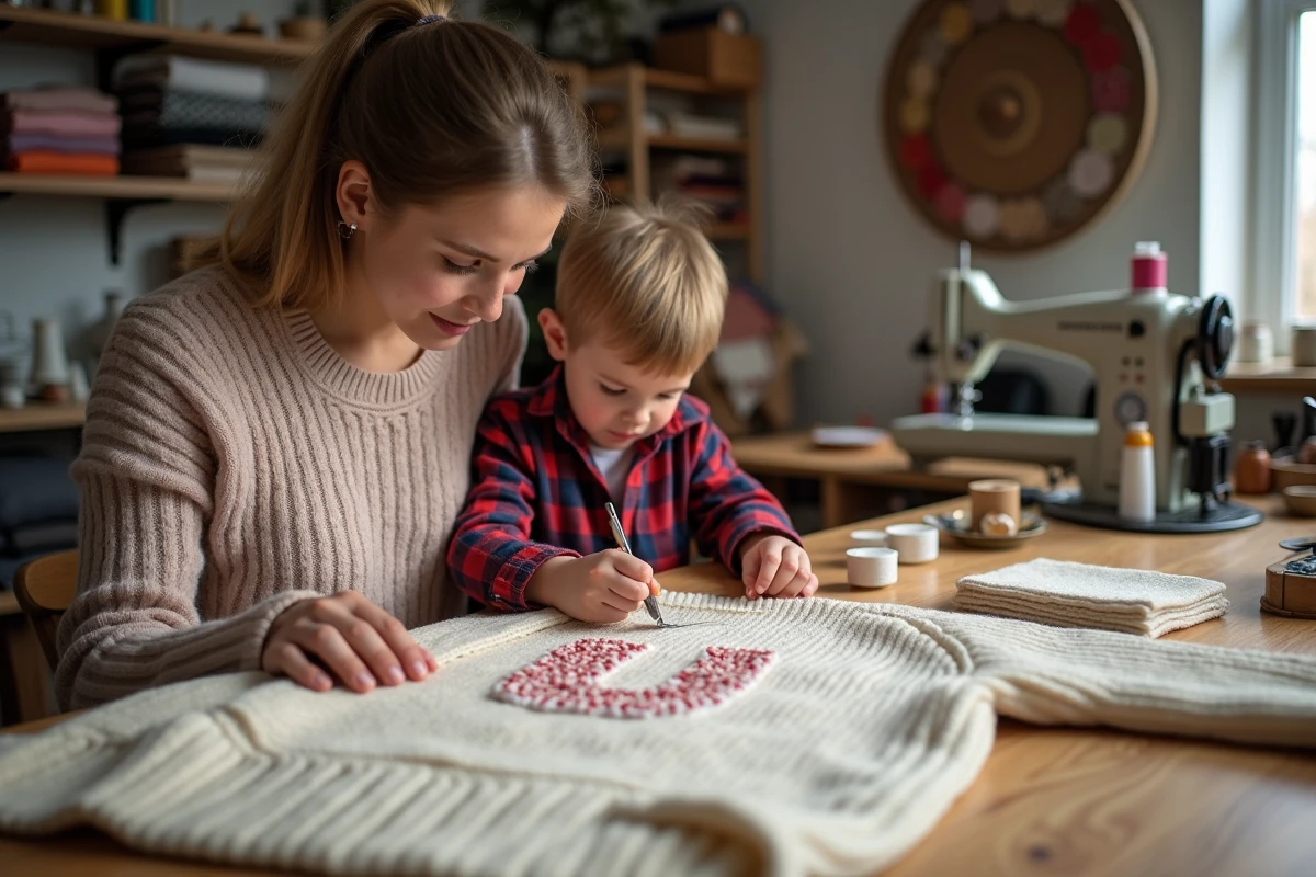 Mère aidant son jeune fils à personnaliser un pull de Noël crème dans un atelier artisanal avec des outils de couture