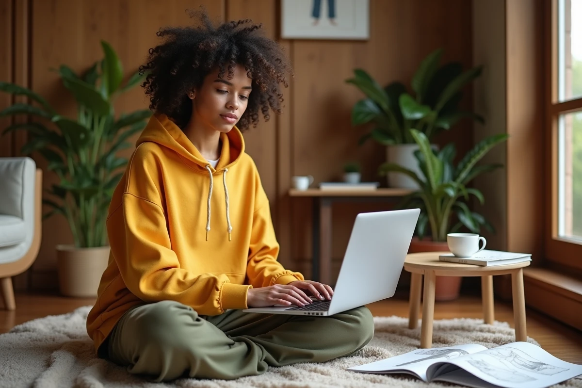 Jeune créatrice explorant la boutique CLO 3D sur ordinateur portable dans un espace de travail cosy
