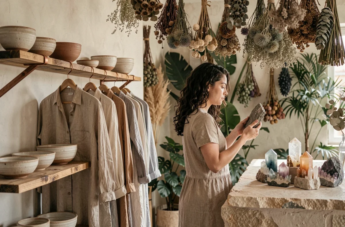 Intérieur du concept store Dans les Yeux de Gaïa avec des vêtements en lin naturel, céramiques artisanales et décoration botanique aux tons terreux