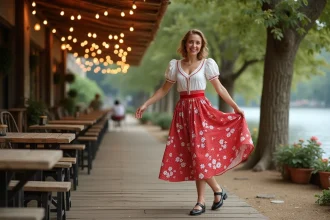 Femme en déguisement guinguette robe à pois rouges dansant sur une terrasse de bal musette en bord de rivière