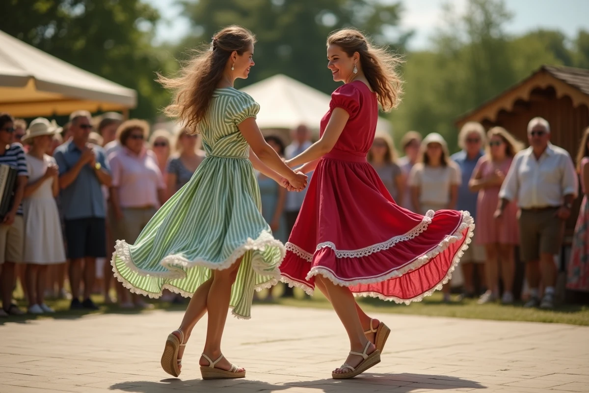Deux femmes en déguisement guinguette dansant ensemble sur une piste de bal musette lors d'une fête de village française