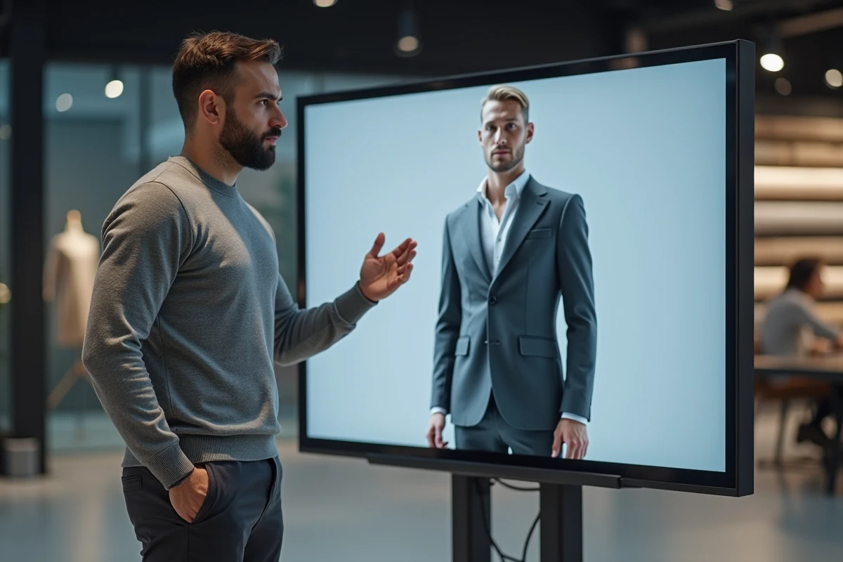 Designer présentant un avatar 3D habillé sur grand écran dans un showroom de technologie mode