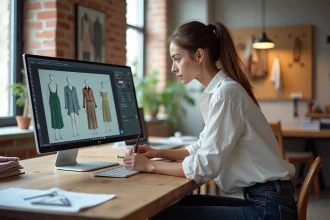 Designeuse de mode utilisant un logiciel 3D CLO sur ordinateur dans un studio créatif moderne