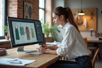 Designeuse de mode utilisant un logiciel 3D CLO sur ordinateur dans un studio créatif moderne