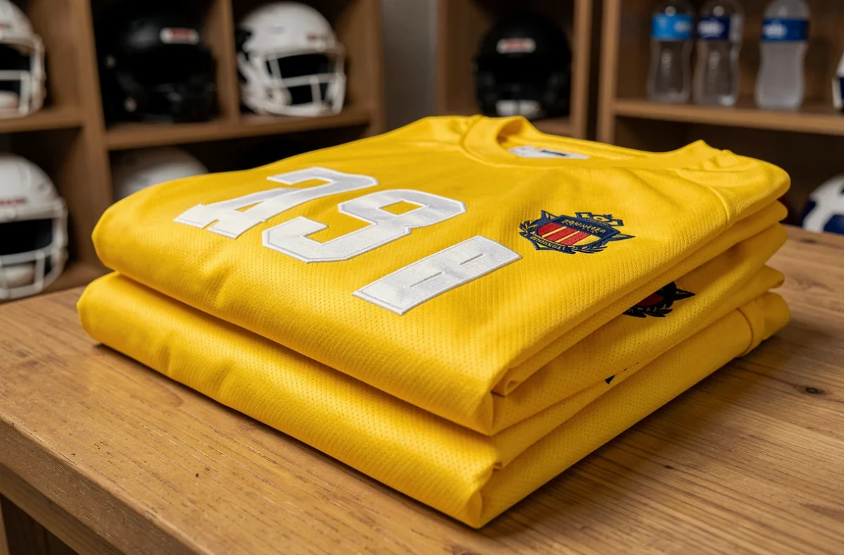 Gilets jaunes de sport personnalisés empilés avec numéros de joueurs imprimés et blason brodé de club sportif en gros plan
