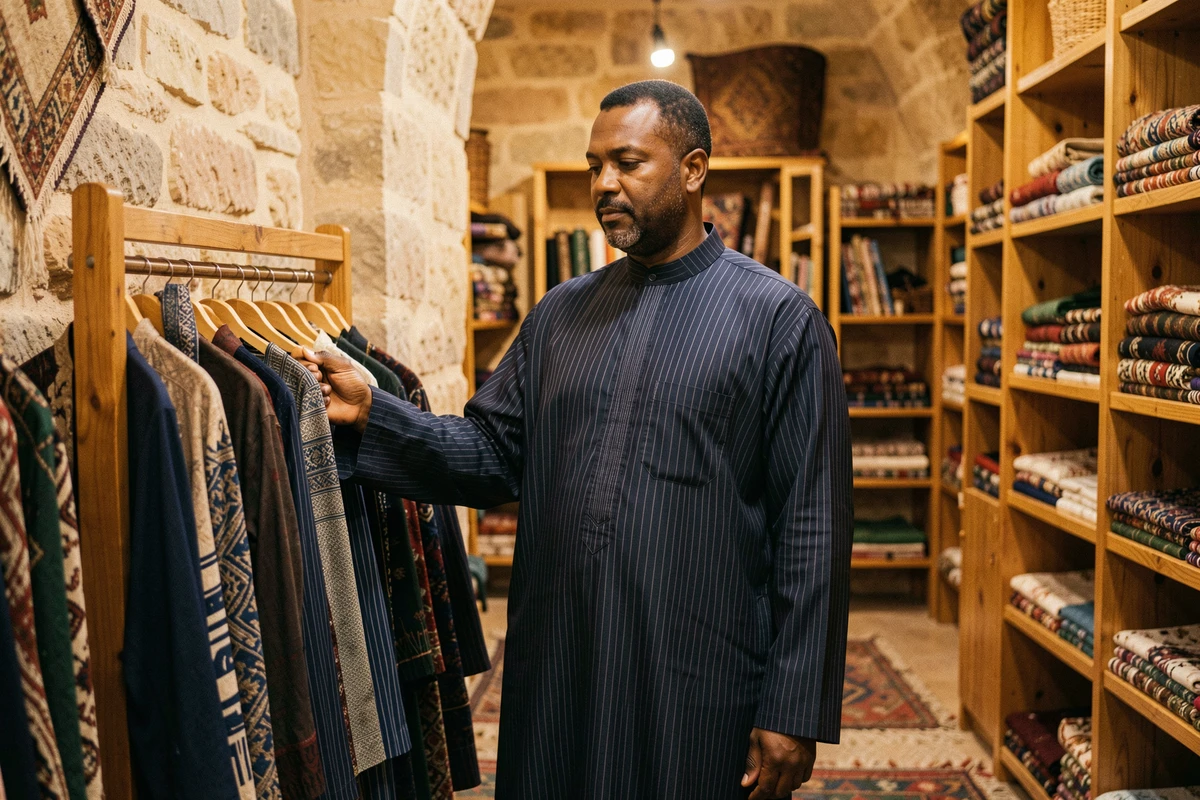 Homme nord-africain grande taille en djellaba marine dans une boutique de médina, mode arabe homme fort moderne