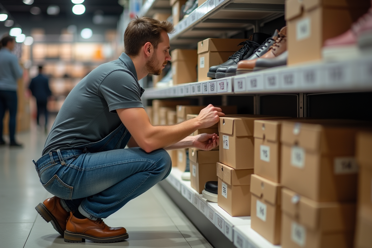Employe triant des tailles de chaussures dans le magasin