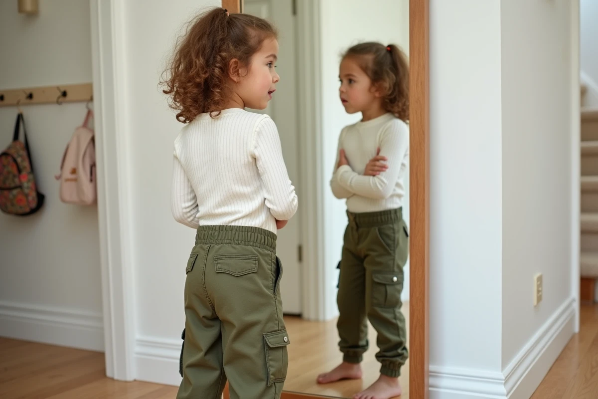 Enfant essayant un pantalon taille 116 devant un miroir dans un couloir de maison familiale
