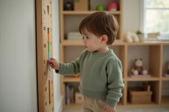 Enfant de 5 ans mesurant sa taille contre un mur avec des repères colorés dans une chambre chaleureuse