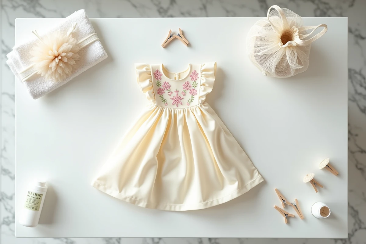Vue à plat des accessoires nécessaires pour entretenir une robe de fête bébé en tissu délicat