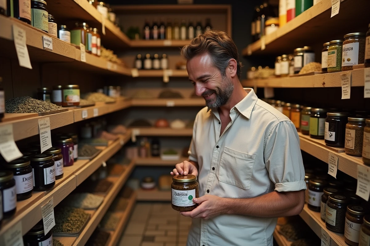 Homme découvrant des produits locaux artisanaux dans une épicerie fine du quartier Noailles à Marseille