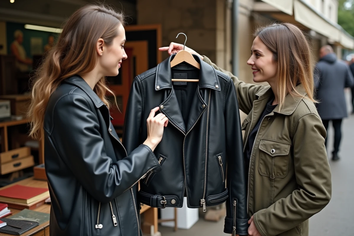 Deux femmes examinant une veste en cuir noire vintage à un marché aux puces, repérant des défauts avant l'achat