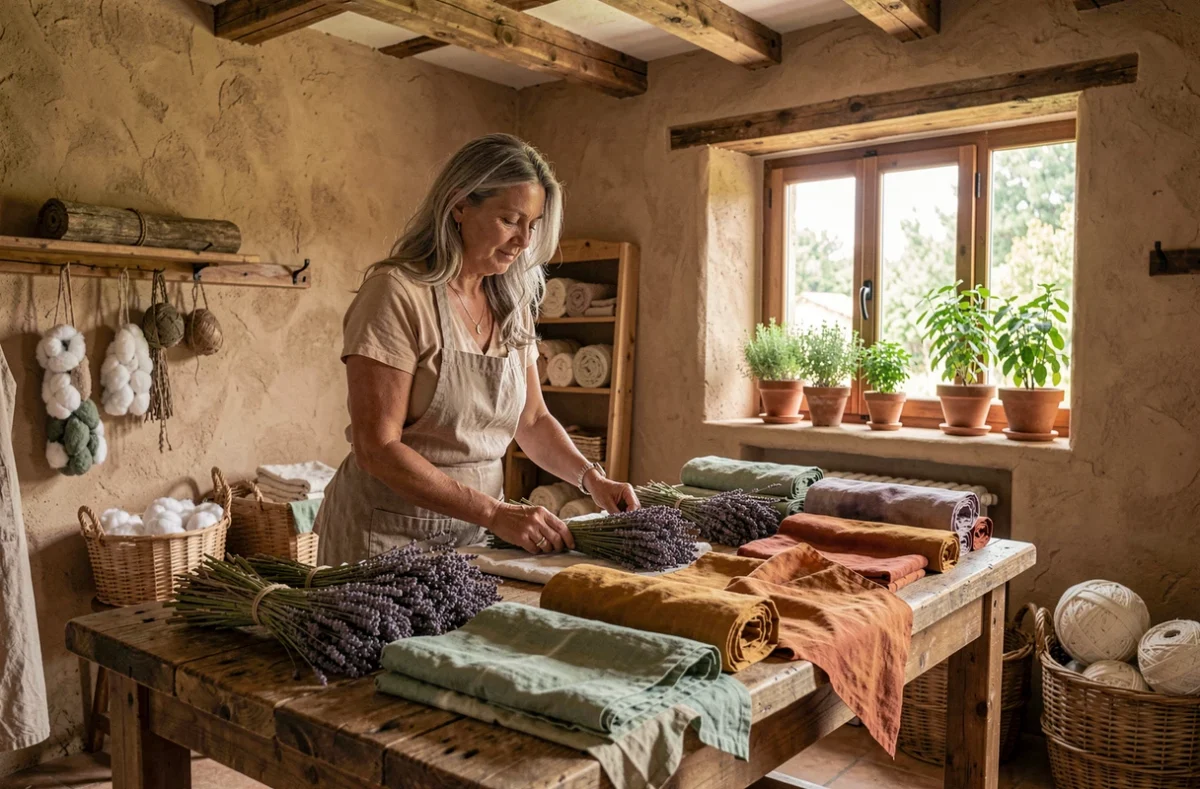 Atelier Espace Couture et Nature en Provence avec tissus biologiques, herbes séchées et matériaux naturels dans un cadre rural