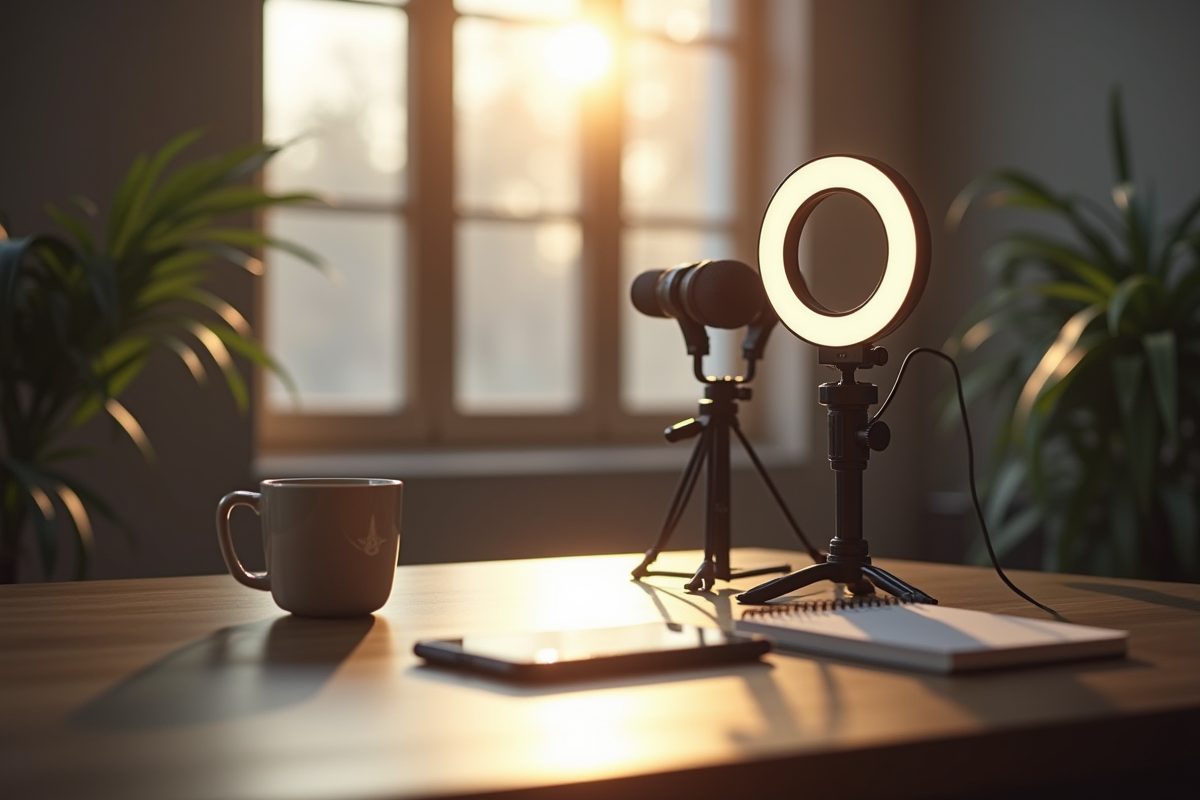 Espace de travail avec ring light et microphone prêt à l