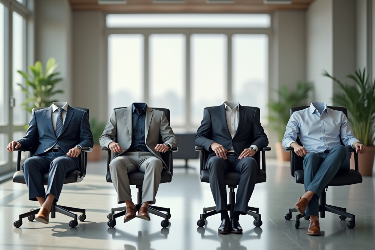 Chaises vides avec tenues de travail sur chaque siège dans un espace ouvert