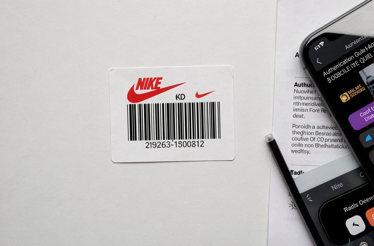 Gros plan sur l'étiquette UPC Nike authentique avec scanner de code-barres pour vérification anti-contrefaçon