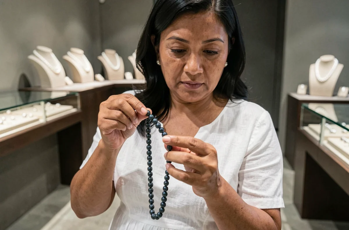 Femme polynésienne évaluant un collier de perles de Tahiti dans une bijouterie moderne, critères de qualité AAA