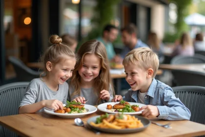 Famille souriante d&eacute;gustant un repas en terrasse &agrave; Miramas