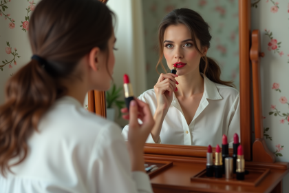 Femme appliquant du rouge à lèvres devant un miroir vintage