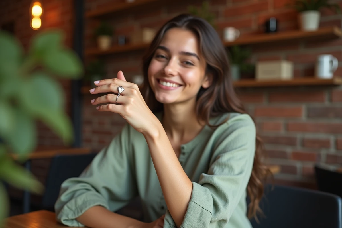 Jeune femme souriante admirant sa bague coeur magnétique personnalisée en argent dans un café