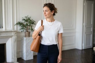 Femme en t-shirt blanc basique et pantalon marine accessoirisée d'un sac en cuir camel et d'un collier doré dans un appartement parisien