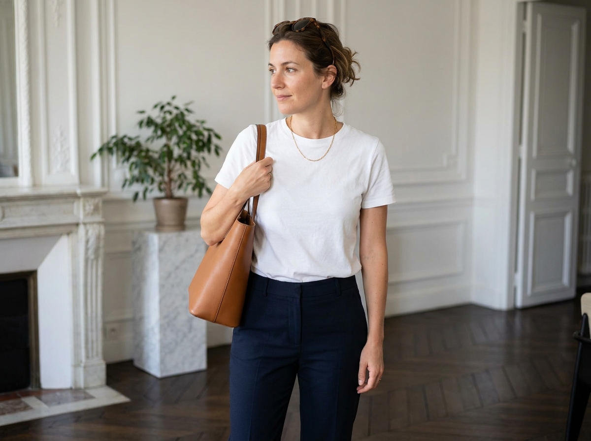 Femme en t-shirt blanc basique et pantalon marine accessoirisée d'un sac en cuir camel et d'un collier doré dans un appartement parisien