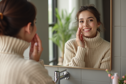Femme souriante en maquillage naturel dans salle de bain